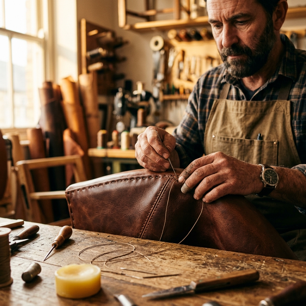 Craftsman hand-stitching premium leather upholstery